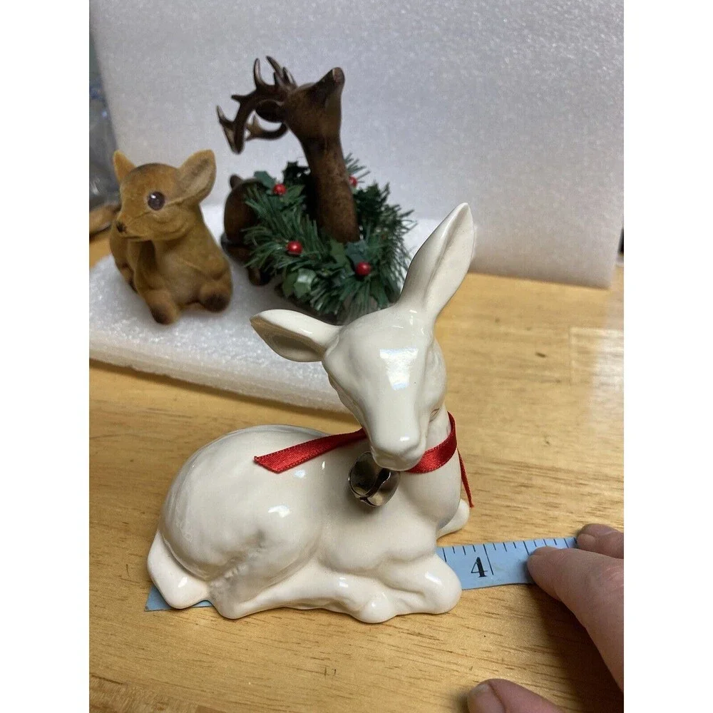Vtg Lot 3 Deer Figurines Holiday Christmas Ceramic Wood Flocked Sitting Decor